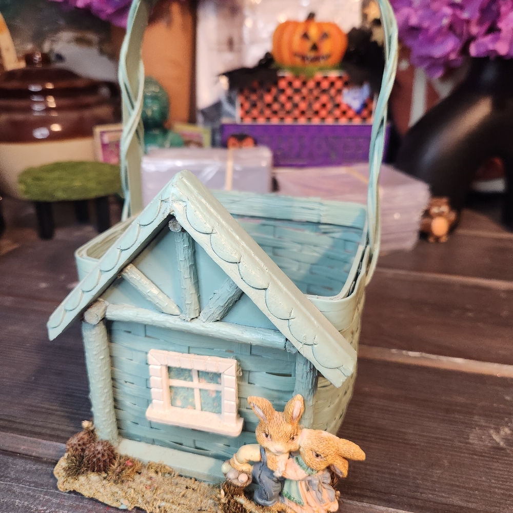 Charming Teal Wicker Basket House with Bunny Decor